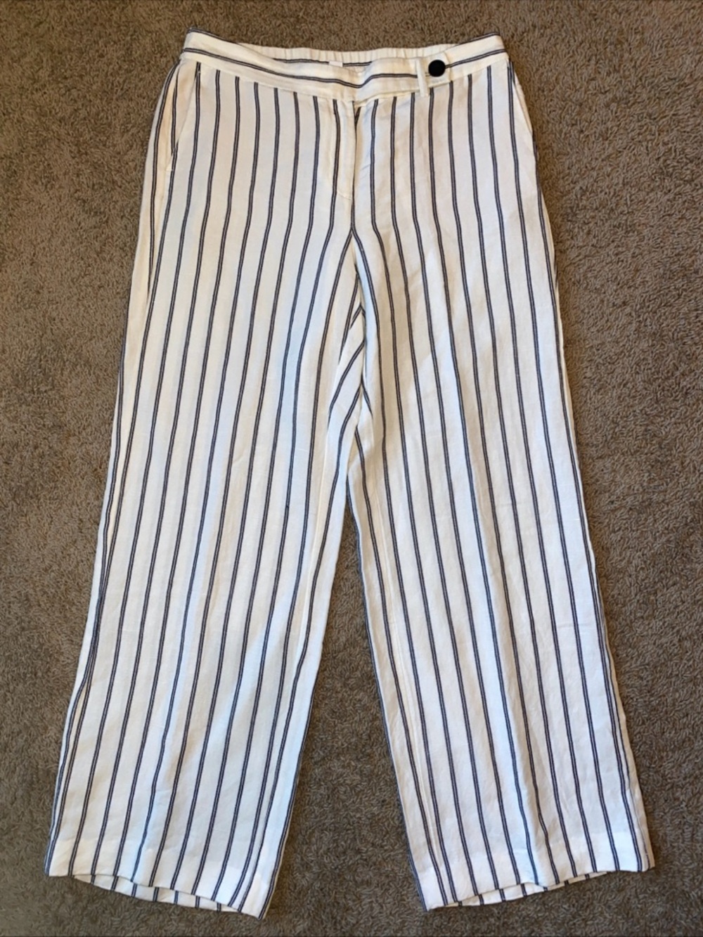 J. Jill Women 8 Petite Linen Blend Wide Leg Striped Pants Nautical Coastal Work